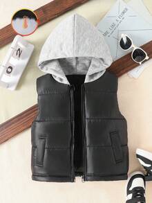 SHEIN 1pc Young Boy Kids Casual Solid Black Sleeveless Thick Hooded Vest, New Autumn/Winter Back To School - Black - View 1