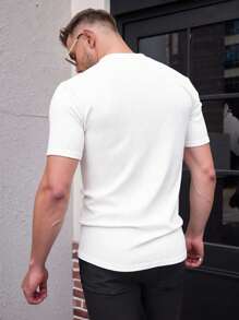 Manfinity VCAY Men's Casual Solid Color Short Sleeve Shirt, Summer Men V Neck Ribbed Men White V Neck Men White Top Men Textured Shirt White Short Sleeve Shirt