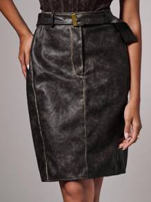COSMINA Jupe mini en PU texturé vintage délavé pour femmes, à porter pour un concert, au bureau ou pour sortir - Noir - Voir 1