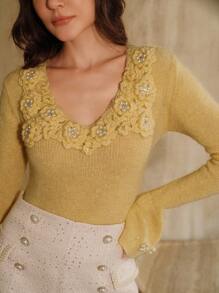 Anewsta 女士优雅针织毛衣，3D 串珠花卉喇叭袖，适合秋冬季外套 - Butter Yellow - 查看 7