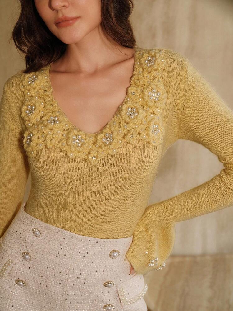 Women's Elegant Knitted Sweater With 3D Beaded Floral Flare Sleeves, Suitable For Outerwear In Autumn/Winter Fall