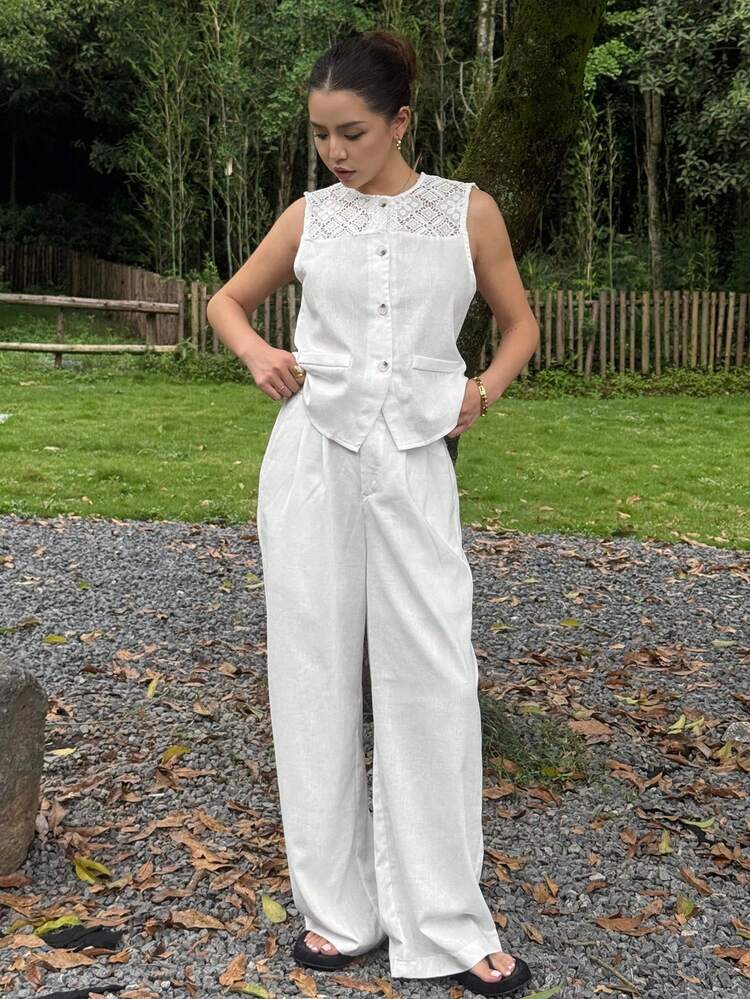 2pcs/Set Women Casual Lace Patchwork Round Neck Vest And Wide Leg Pants