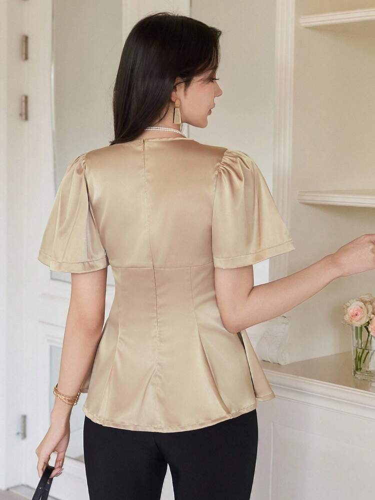 Women's Solid Color Round Neck Short Puff Sleeve Fashion Blouse