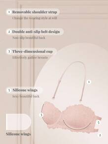 Snug Zone 1pc Lace Backless Bra With Underwire For Small Bust, Cleavage Enhancing, Non-Slip, Strapless Spaghetti Strap Bra Sticky Bra Self Adhesive Bra Reusable Sticky Bra Strapless Bra Lingerie Bra - Pink - View 3