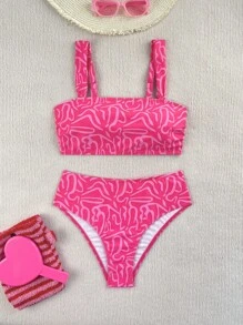 SHEIN 2 件套女士夏季泳衣，随机颜色印花肩带上衣和高腰泳裤，海滩度假比基尼套装 - 玫紅色 - 查看 2