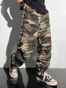 Young Boy Casual Camouflage Loose-Fitting Cuffed Woven Pants , Suitable For Autumn, Spring And Summer, Suitable For Outdoor Play, School, Street Shooting, Party And Home Leisure Back To School Clothes