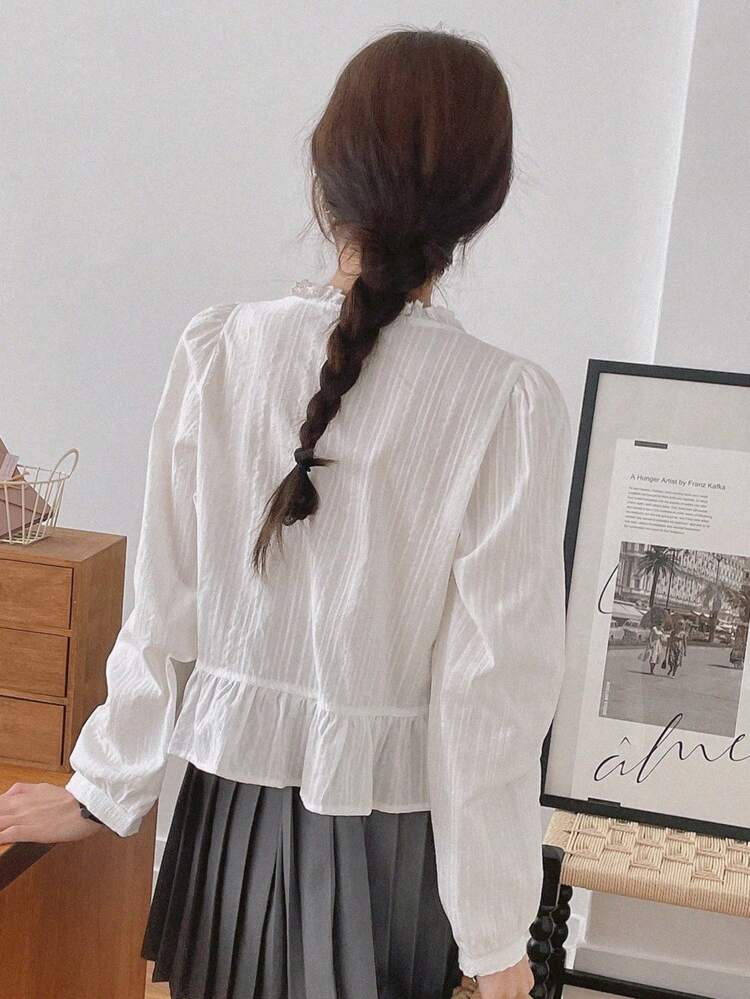 Floral Lace Patchwork V-Neck Ruffle Trim Long Sleeve Blouse Vacation