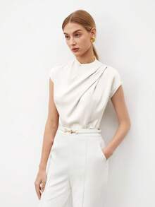 BizChic Spring/Summer New White Ruched Collar & Shoulder Blouse, Elegant Unique Design Shirt For Women, Suitable For Office, Commute, Formal Occasions, Weddings, Parties, Festivals, Concerts - White - View 5