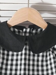 SHEIN Young Girl Contrast Color Peter Pan Collar Detachable Bow Decor Plaid A-Line Dress Fall Winter - Black - View 4