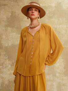 Revavyn Revavyn Áo sơ mi nữ bằng vải chiffon thanh lịch tay phồng, cài cúc, thắt nơ phía trước, thích hợp mặc đi làm, đi nghỉ mát, áo dễ thương, áo sơ mi cài cúc, phong cách boho, áo kiểu rộng rãi, phong cách Nashville, trang phục nghỉ dưỡng, trang phục công sở, trang phục mùa thu, phong cách cổ điển thường ngày mùa xuân. - Màu vàng - Xem 4