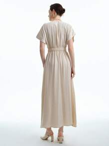 Lyxana 可变形 V 领优雅盖袖收腰 A 字裙，适合女士秋季、万圣节、返校节、返校、非洲连衣裙、女士非洲连衣裙、亚麻中长连衣裙、绷带连衣裙、休闲装。 - 杏色 - 查看 2