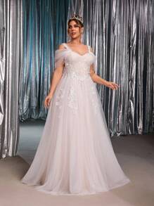 Glamrae Plus Size Elegant Luxurious White & Skin-Tone Off-Shoulder Floral Embroidered Mesh Patchwork Waist Applique A-Line Exquisite Wedding Dress Off Shoulder