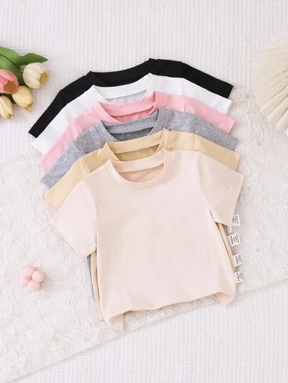 SHEIN Vintaside Kids Set de 6 camisetas de manga corta de punto suave y holgado de cuello redondo para bebés/niñas pequeñas, de unicolor, de alta relación calidad-precio, disponibles en negro, rosa, blanco, albaricoque, gris, morado, adecuadas para uso casual en primavera/verano