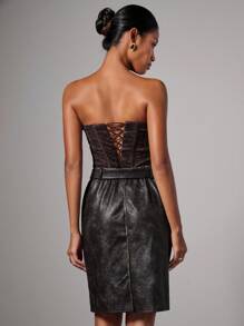 COSMINA Jupe mini en PU texturé vintage délavé pour femmes, à porter pour un concert, au bureau ou pour sortir - Noir - Voir 2