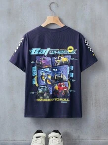Batwheels X SHEIN 青少年男孩休闲汽车印花圆领短袖T恤，夏季