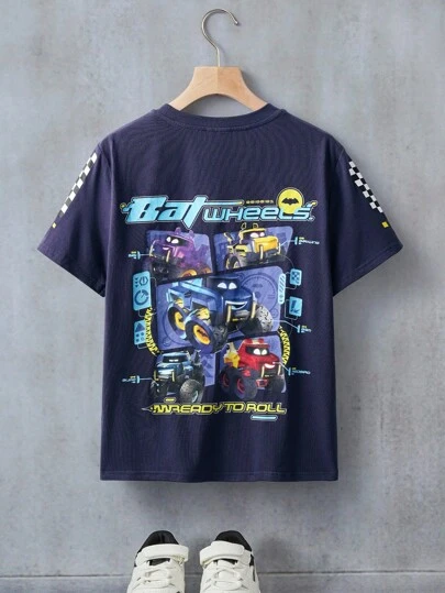 Batwheels X SHEIN Camiseta de manga corta de cuello redondo con estampado de autos, informal para niño preadolescente, de verano