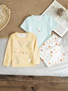 Bộ 3 món đồ mặc nhà in hình thỏ và trái tim dễ thương cho bé gái, áo cổ tròn dài tay + áo tay ngắn + quần - Nhiều màu - Xem 1