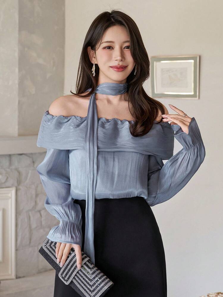 Women's Casual Loose Solid Color Long Sleeve Blouse (With Scarf)
