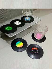 SHEIN 6 buc suporturi de pahare pentru discuri de vinil, pernă antiderapantă rezistentă la căldură, model vintage clasic retro american rock cu muzică CD, pernă izolatoare, decor pentru casă/