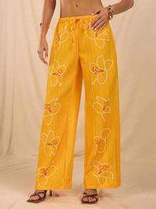SHEIN Forever 21 春夏女士浪漫/舞会/正式/生日/90 年代/商务休闲女士/优雅/西部装/外出/时尚/休闲/Y2K/俱乐部/办公室/鸡尾酒会/复古/狂欢节/有趣/优雅/老钱/街头服饰/度假/乡村音乐会/工作/端庄/春假/单身派对/音乐会/坏人/基本款/毕业/低腰宽松直筒花裤 - 黃色 - 查看 4