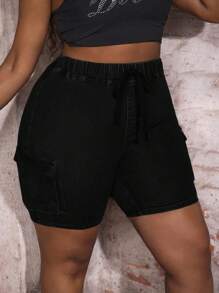 Slaydiva Quần short denim skinny cạp cao gợi cảm cỡ lớn - màu đen - Xem 5