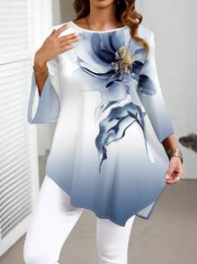 SHEIN CURVE+ Váy dài cỡ lớn, thiết kế bất đối xứng họa tiết hoa màu xanh và trắng tối giản cỡ lớn, tay áo 3/4, quần áo du lịch mùa xuân/hè/mùa thu cho nữ, mùa đông, áo cánh CURVE PLUS sang trọng cho nữ/mùa thu/mùa đông - Nhiều màu - Xem 5