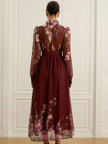 Chiquease Vestido elegante de manga larga con cuello de botón, cintura recogida, tela de gasa arrugada, mangas holgadas y diseño transparente para mujeres - Multicolor - Ver 2
