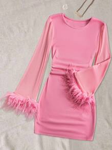 Rafferiza Long Sleeve Solid Color Mesh Contrast With Fur Trim Thermal Lined Dress - Pink - View 1