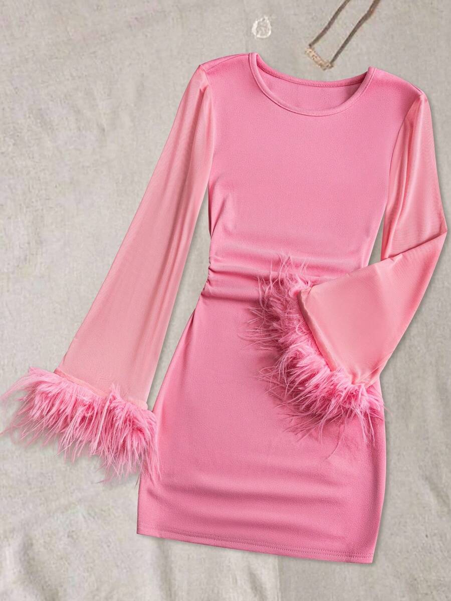Rafferiza Long Sleeve Solid Color Mesh Contrast With Fur Trim Thermal Lined Dress - Pink - View 1