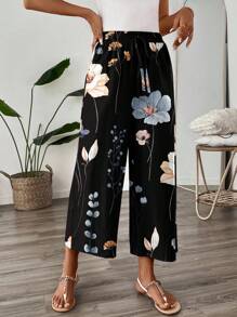 SHEIN LUNE 女士休闲九分长裤，适合教师工作制服，秋季适合外出花卉两件套两件女套装裤子花裙女优雅端庄两件套长款花裙花裤女花卉印花阔腿裤黑色花裤女花裤高腰花裤 - 彩色 - 查看 3