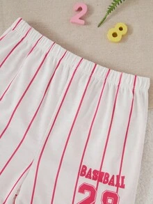 Conjunto de top de manga corta con rayas y shorts para niña, ropa de dormir casual adecuada para uso al aire libre - Rosa Fucsia - Ver 6