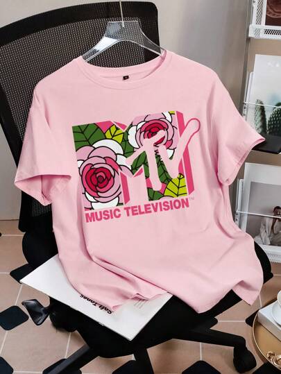 MTV | SHEIN Damen Rundhals Kurzarm Bequemes Lässig T-Shirt mit Blumen- und Buchstaben-Grafik, Sommer