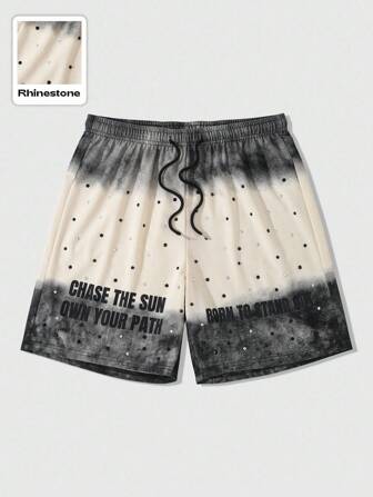 Street Life Herren Loose Shorts mit abgenutztem Strass-Slogan-Muster