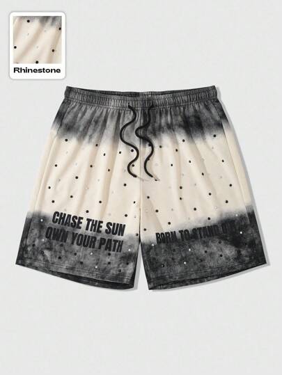 Street Life Shorts amples pour hommes avec impression de slogan et strass délavés