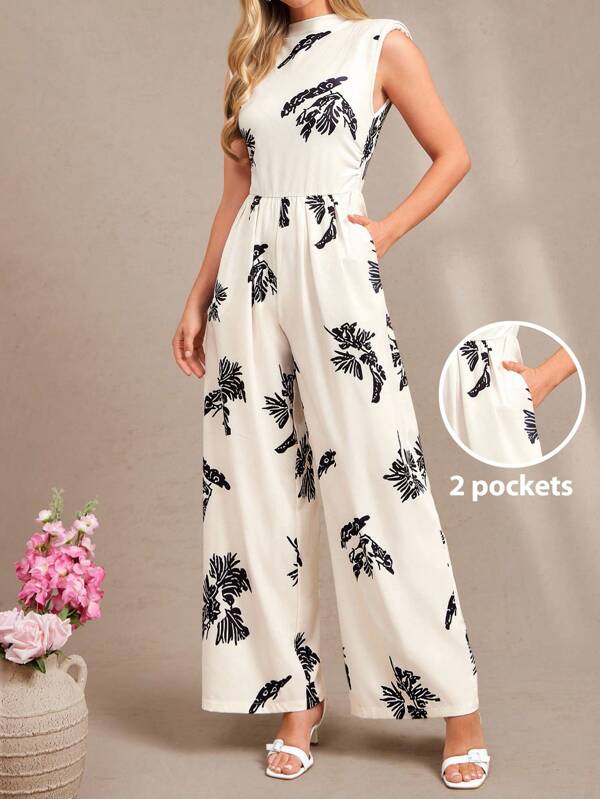 Amorya Women's Sleeveless Padded Knit Pleated Wide Leg Jumpsuit, Apricot Floral Print, Elegant Everyday Look, Spring/Summer