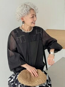 FRIFUL Women's Black Patchwork Sheer Mesh Hem & Cuff Loose Casual Jacket,Mother Of The Groom,Granny,Summer,Versatile Regular Coat For Travel&Vacation,Fall - Black - View 3