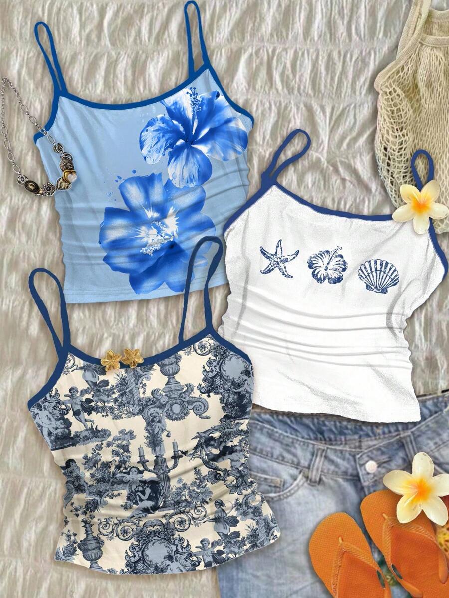 SHEIN 少女法国蓝天使雕像花卉图案，奶油蓝色水彩花卉，蓝色贝壳印花，撞色夏季吊带背心，复古风格，休闲度假风格，时尚，可爱，Y2K椰子女孩波西米亚风春假早午餐准备淡蓝色女孩之旅，霓虹海滩氛围