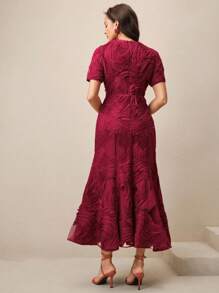 Anewsta Váy ngắn cổ tròn họa tiết hoa xếp nếp viền bèo nhún cho kỳ nghỉ ở bãi biển & ngày lễ tình nhân - Màu Đỏ Sâu - Xem 2