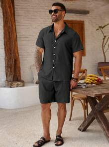 ResortEase Conjunto de camisa de manga corta con botón delantero y pantalones cortos con bolsillos de unicolor talla grande para hombre