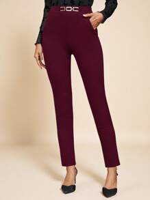 Amorya 女式高腰金属扣细节紧身裤派对红色新年女装