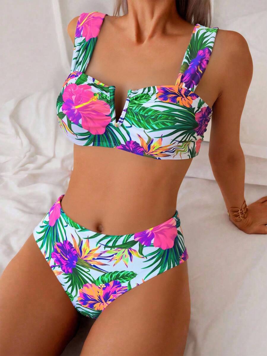 SHEIN 2pcs/Set New Multicolor Small Ditsy Floral Side High Cut Bikini Swimsuit, Spaghetti Strap Beach Vacation Women Swimwear For Summer