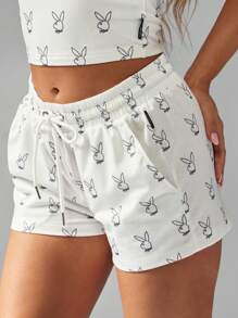 Missguided x Playboy Bunny Print Jogger Shorts High Waisted Elastic Drawstring Summer Lounge Comfortable Casual Beach Festival Wear Relaxed Fit Bottoms - Black and White - View 4
