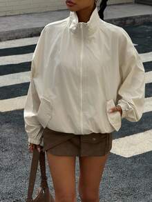 Muchica Women's Autumn New Solid Color Loose Zippered Shoulder Jacket, Suitable For Daily Street Wear - Beige - View 6