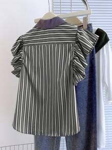 女式休闲条纹荷叶边下摆衬衫，夏季 - 黑與白 - 查看 2