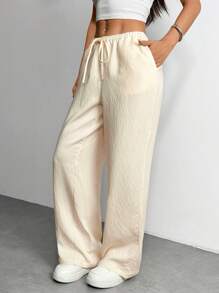 SHEIN PETITE Women's Beige Casual Basic Wide Leg Pants ,Petite Women - Beige - View 5