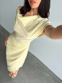 Aloruh 女款淡黃色圍裹式垂領抓皺設計長洋裝，優雅夏季婚禮賓客穿搭，適合畢業典禮、教師服裝與通勤 - 黃色 - 查看 7