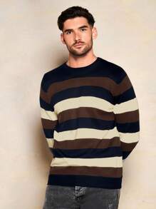 RueChic Men's Simple Striped Splice Round Neck Sweater - Camel - View 5