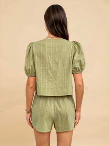 Travachic 2pcs/Set Women Summer Casual Solid Color Puff Sleeve Shirt And Shorts Set,For Summer Vacation, Women Summer Clothing,European Summer - Green - View 2