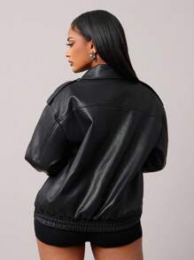 SHEIN SXY Women's Stylish Leather Jacket, New Vintage Black Bomber Jacket, Korean Chic Outerwear For Autumn/Winter Nightwing