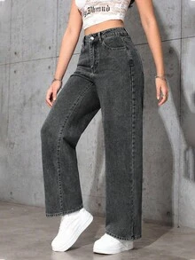 SHEIN ICON Casual Washed Straight-Leg Jeans - Dark Grey - View 6